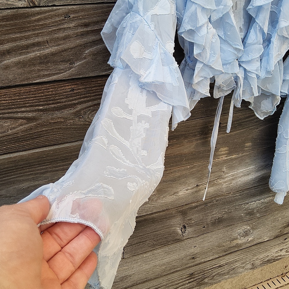 Prettylittlething Baby Blue Floral Organza Ruffled Sheer Tie Crop Top Size 4 - Picture 5 of 9